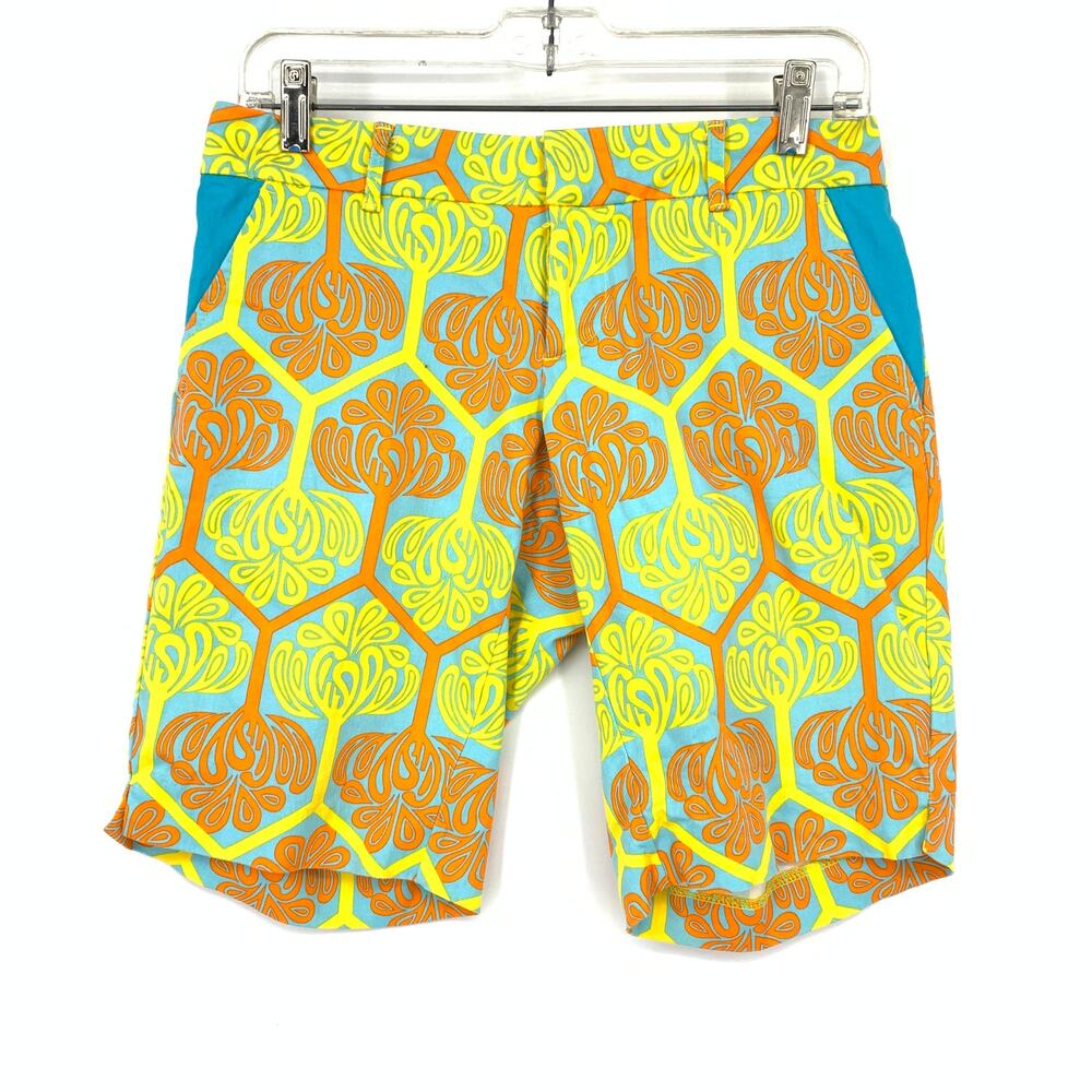 Tracy Negoshian Bermuda Shorts Womens Size 2 Yellow Orange Blue Print